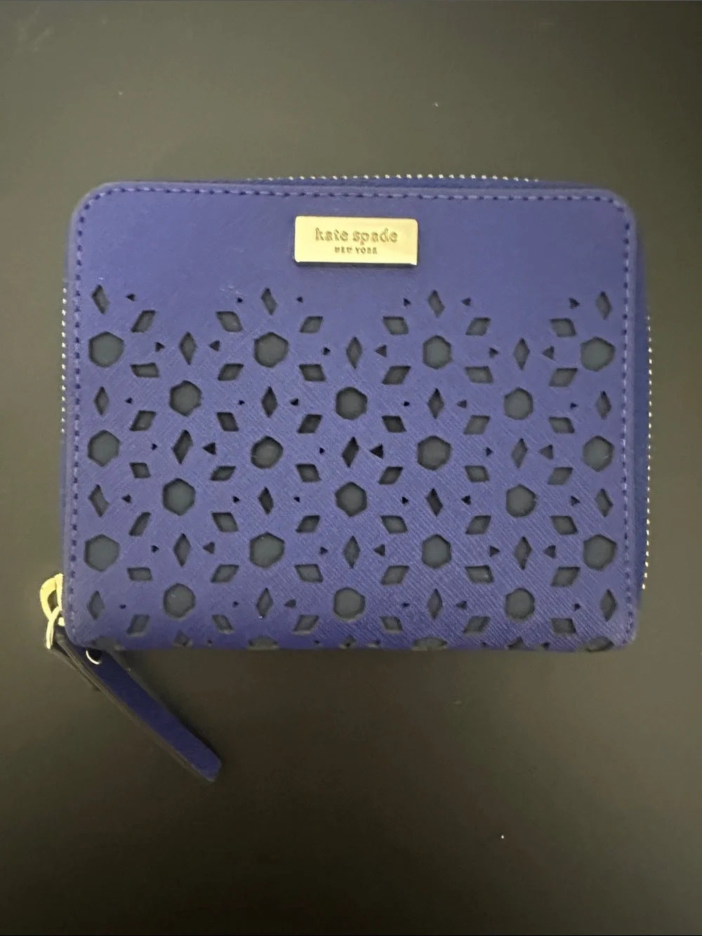 EUC kate spade cobalt blue laser-cut zip wallet with gold logo and Gold Zipper